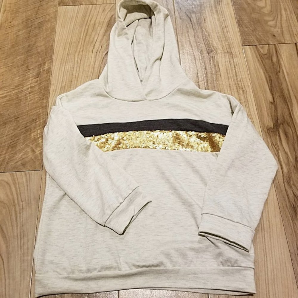 New 12pm by mon ami Hooded Shirt XL Youth Gray Black Gold Sequin Long Sleeve